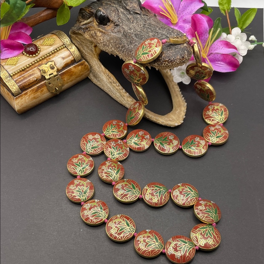 Cloisonné disc beaded necklace vintage ornate B61 🔥